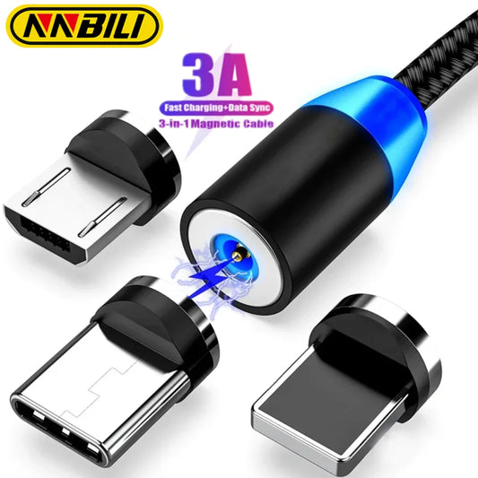 NNBILI 3A LED Magnetic USB Cable Fast Charging USBC Cable Magnet Charger Data Charge Micro USB Cable Mobile Phone Cable USB Cord